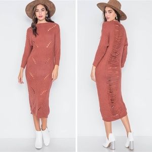 Chunky Distressed Midi Sweater Dress | Rust Orange